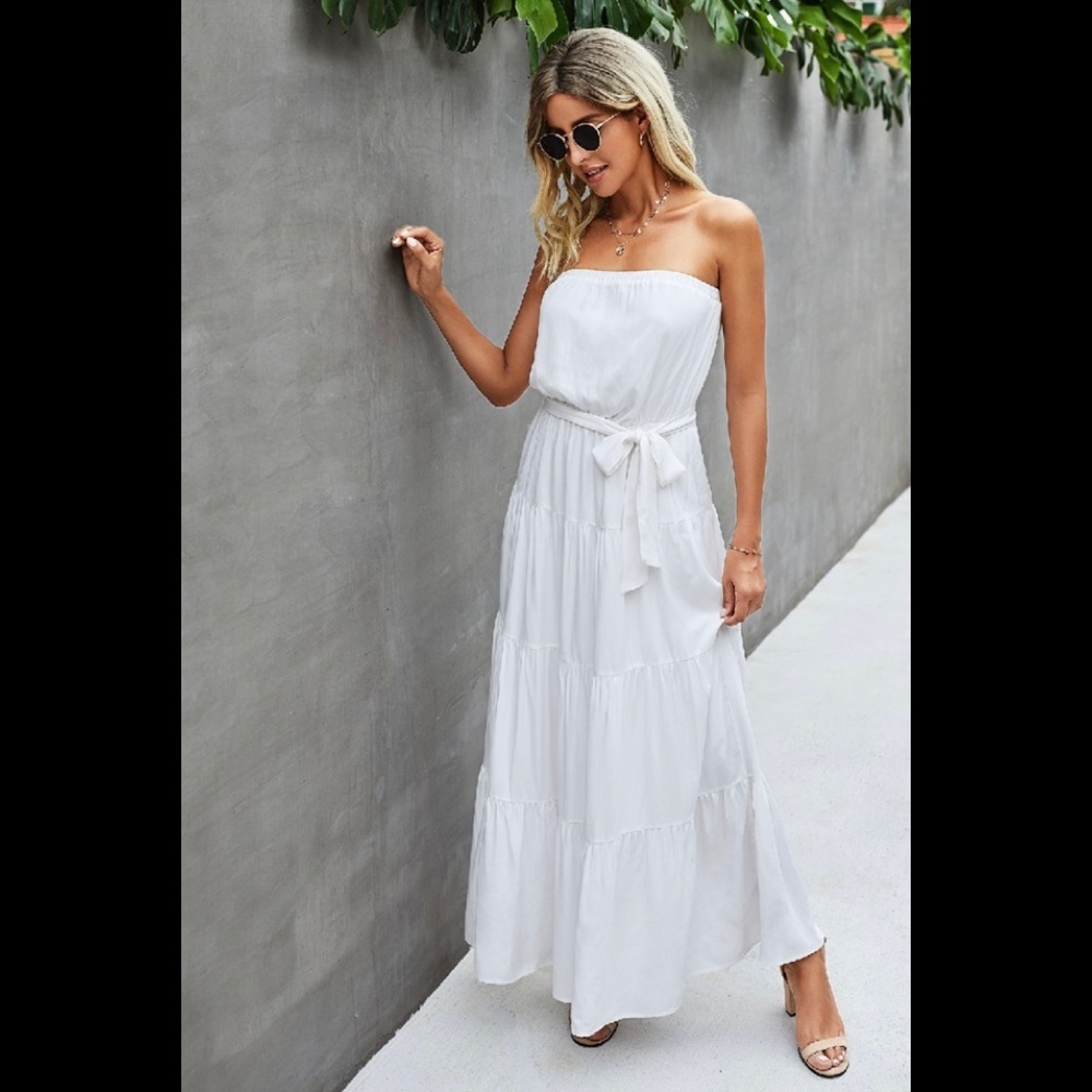 Strapless high waist tie ruffle dress.